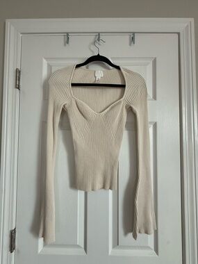 H&M Cream Ribbed Long-Sleeve Scoop Neck Top